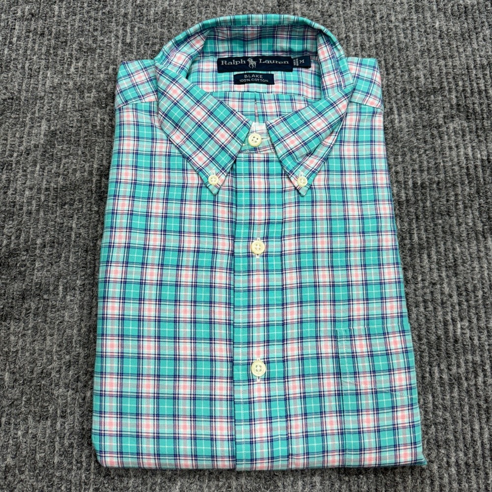 Vintage Ralph Lauren Shirt Mens M Blake Button Down Turquoise Blue Pink Plaid